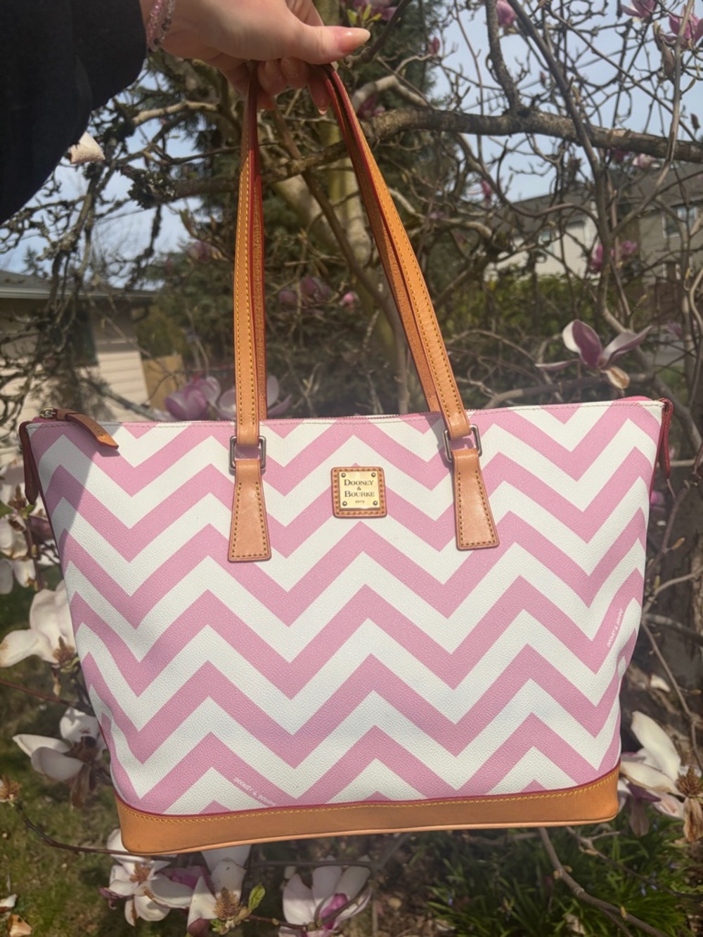 Dooney & Bourke Chevron Tote with Tan Leather Trim
